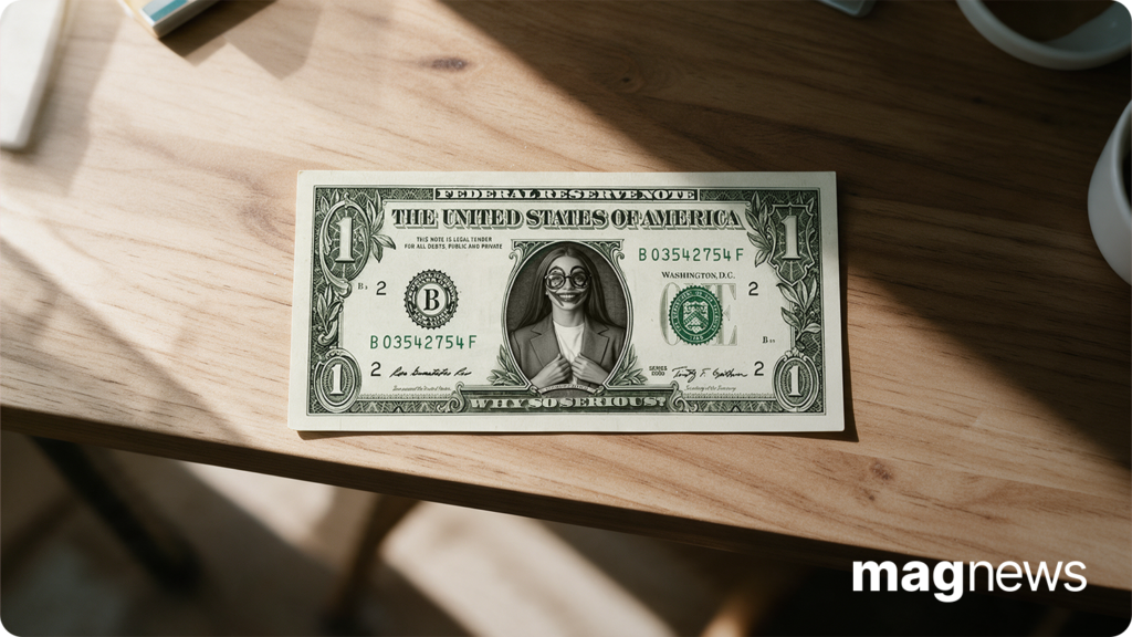 Banconota da un dollaro con volto sorridente in stile Joker, simbolo del costo della creatività nel marketing, su una scrivania in legno.